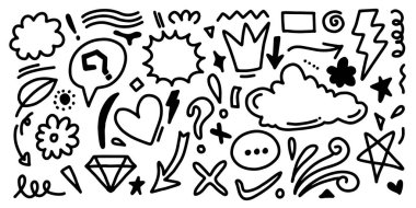 El çizimi karalama tasarımı elementleri. taç, bulut, ok, kalp, vurgu, yıldız, yapraklar ve diğer