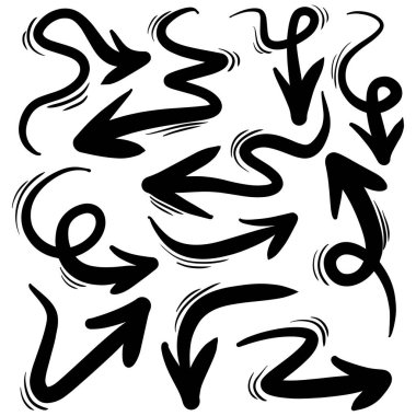 El çizilmiş vektör eğimli oklar kümesi. Çizim stili. vektör illüstrasyonu.