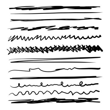 Bir dizi sanatsal kalem fırçası. Elle çizilmiş grunge vuruşları. Çizgiler, web siteleri için çeşitli bölümler. Vektör illüstrasyonu