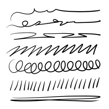 Bir dizi sanatsal kalem fırçası. Elle çizilmiş grunge vuruşları. Çizgiler, web siteleri için çeşitli bölümler. Vektör illüstrasyonu