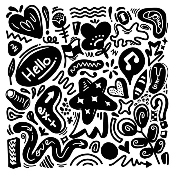 El çizimi karalama tasarımı elementleri. çiçek, ok, kalp, yapraklar, yıldız, ışıltı dekorasyon sembolü simgesi.