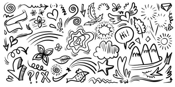 El çizimi işaret basit elementler ayarlandı. Kalem ve efektleri karala. Basit yıldırım, yıldız, simler, ikonlar, kalp, çiçek nesneleri. Dekoratif kalem eğimli semboller ve şekil.