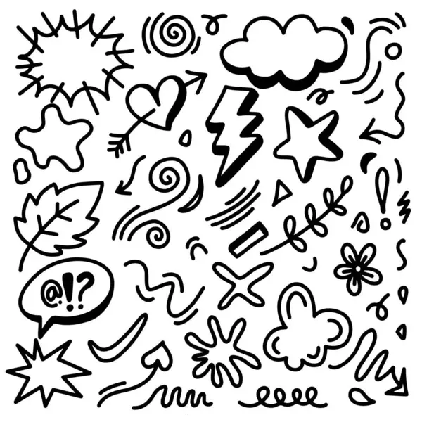El çizimi karalama tasarımı elementleri. çiçek, ok, kalp, bulutlar, yıldırım, yıldız ve diğerleri,