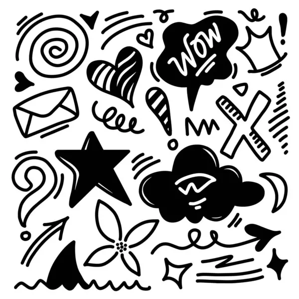 El çizimi karalama tasarımı elementleri. çiçek, ok, kalp, taç, yıldız ve diğer,