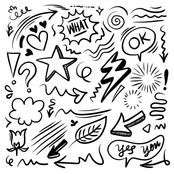 El çizimi karalama tasarımı elementleri. çiçek, ok, kalp, yapraklar, yıldız, ışıltı dekorasyon sembolü simgesi.