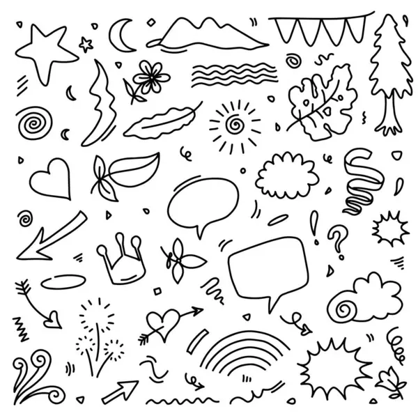El çizimi karalama tasarımı elementleri. çiçek, ok, kalp, yapraklar, güneş, vurgu ve diğer,