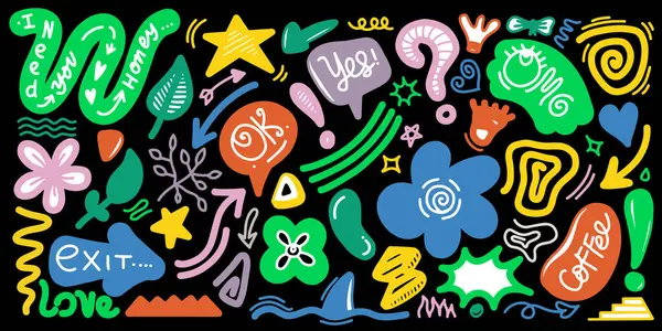 Saf, soyut şekiller çıkartma paketi. Eğlenceli çiçekler, kabarcıklar, yıldızlar, daireler, moda 90 'ların çizgi film tarzında tipografi