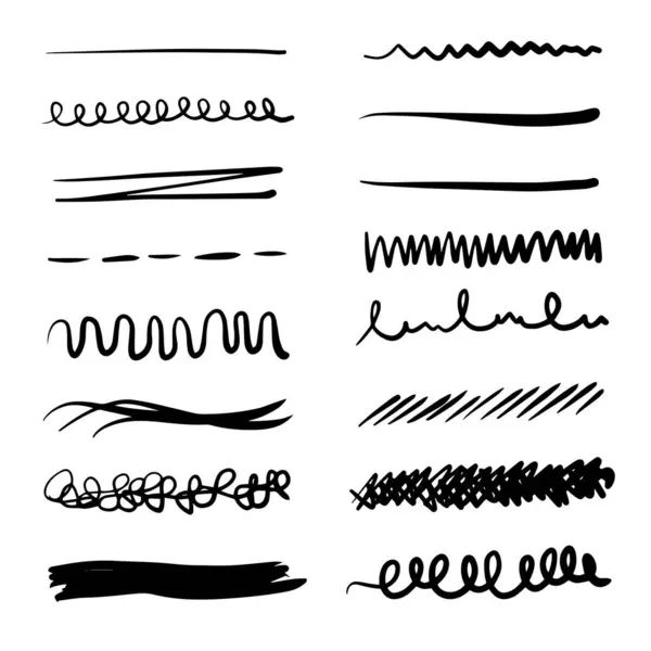 Bir dizi sanatsal kalem fırçası. Elle çizilmiş grunge vuruşları. Çizgiler, web siteleri için çeşitli bölümler. Vektör illüstrasyonu