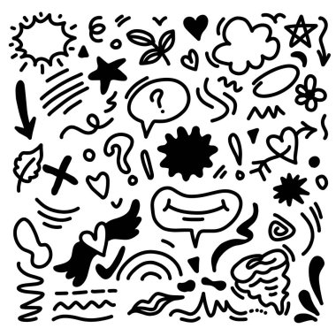 El çizimi karalama tasarımı elementleri. çiçek, ok, kalp, yapraklar, güneş, bulut ve diğer,