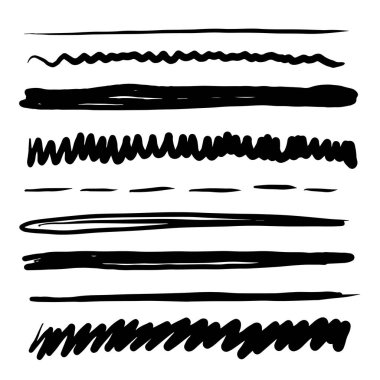 Bir dizi sanatsal kalem fırçası. Elle çizilmiş grunge vuruşları. Çizgiler, web siteleri için çeşitli bölümler. Vektör illüstrasyonu