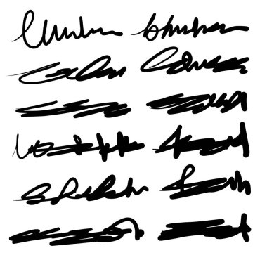 Bir dizi sanatsal kalem fırçası. Elle çizilmiş grunge vuruşları. Çizgiler, web siteleri için çeşitli bölümler. Vektör illüstrasyonu