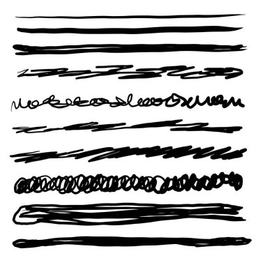Bir dizi sanatsal kalem fırçası. Elle çizilmiş grunge vuruşları. Çizgiler, web siteleri için çeşitli bölümler. Vektör illüstrasyonu