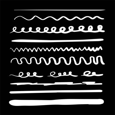 Bir dizi sanatsal kalem fırçası. Elle çizilmiş grunge vuruşları. Çizgiler, web siteleri için çeşitli bölümler. Vektör illüstrasyonu