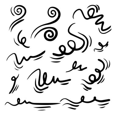 Doodle rüzgar çizgisi çizimi hazır. El çizimi rüzgar hareketi, hava üfleme, girdap elementleri. Hava üfleme hareketleri, soyut çizgiler. İzole vektör illüstrasyonu.
