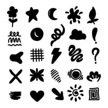 El çizimi karalama tasarımı öğesi. Çiçek, yıldız, ok, pırıltı, bulut, kalp, karalama koleksiyonu. Yazdırma, karikatür, kart, dekorasyon, çıkartma için tasarım.