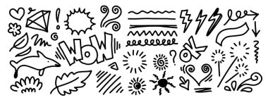 El çizimi taslak çizimleri, yapraklar, havai fişekler, ok, kalp. Vektör illüstrasyonu.