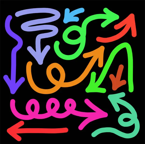 Siyah arkaplana dizilmiş renkli karalama okları ve çizgiler düz simgeler.