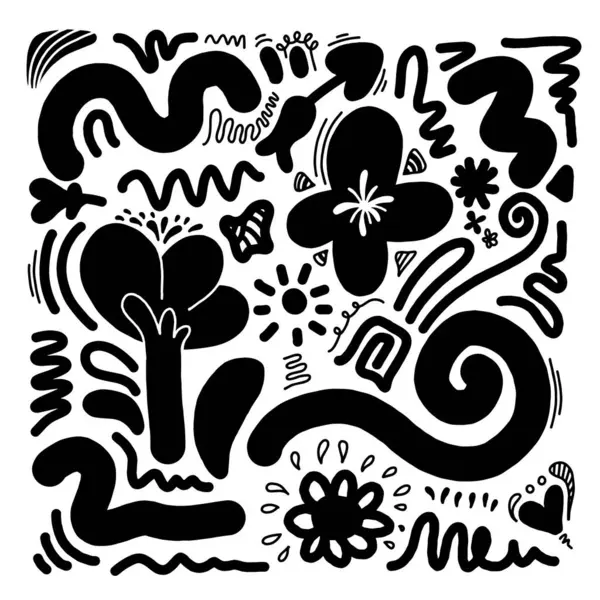 El çizimi karalama tasarımı elementleri. çiçek, ok, kalp, yapraklar, güneş ve diğer,