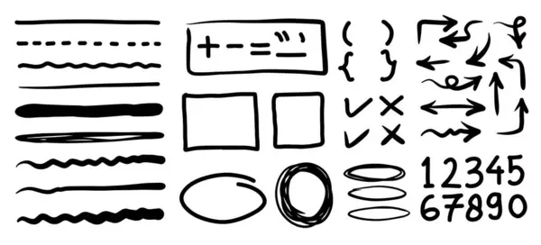 Metin seçmek için el çizimi ögeler kümesi. Beyaz arkaplan üzerinde el çizimi çerçeveler, daire ve oklar.