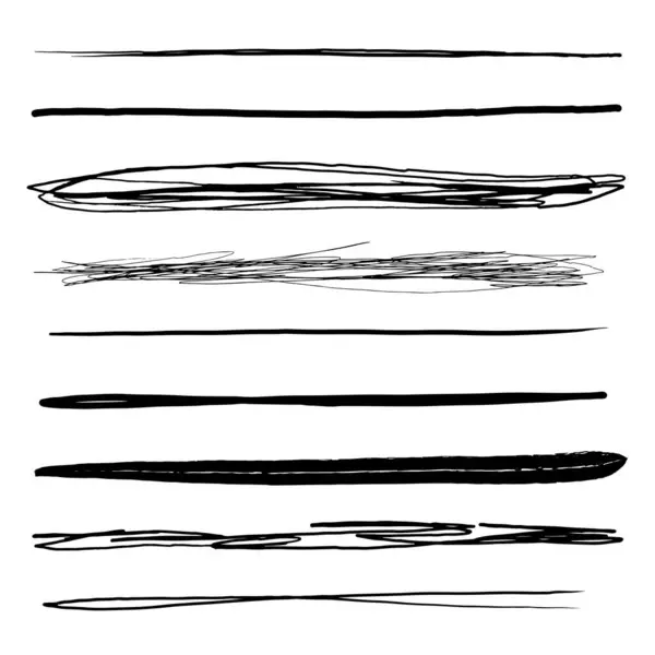 Bir dizi sanatsal kalem fırçası. Elle çizilmiş grunge vuruşları. Çizgiler, web siteleri için çeşitli bölümler. Vektör illüstrasyonu