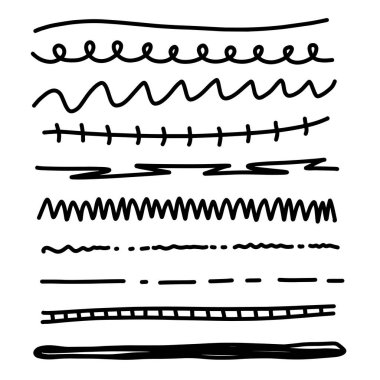 Bir dizi sanatsal kalem fırçası. Elle çizilmiş grunge vuruşları. Çizgiler, web siteleri için çeşitli bölümler. Vektör illüstrasyonu