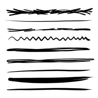 Bir dizi sanatsal kalem fırçası. Elle çizilmiş grunge vuruşları. Çizgiler, web siteleri için çeşitli bölümler. Vektör illüstrasyonu