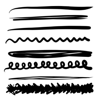 Bir dizi sanatsal kalem fırçası. Elle çizilmiş grunge vuruşları. Çizgiler, web siteleri için çeşitli bölümler. Vektör illüstrasyonu