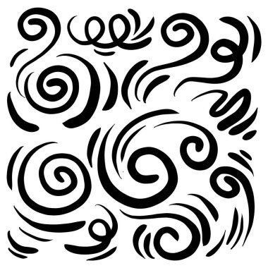 Doodle rüzgar çizgisi çizimi hazır. El çizimi rüzgar hareketi, hava üfleme, girdap elementleri. Hava üfleme hareketleri, soyut çizgiler. İzole vektör illüstrasyonu.