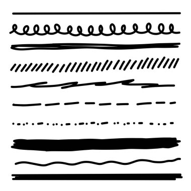 Çizgiler, el çizgileri, karalama çizgileri, farklı kalınlık fırça çizgileri. Karalama çizgilerinin vektör illüstrasyonu.
