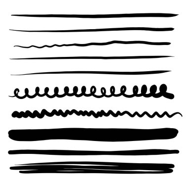 Çizgiler, el çizgileri, karalama çizgileri, farklı kalınlık fırça çizgileri. Karalama çizgilerinin vektör illüstrasyonu.