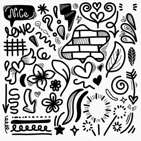 Değişik yıldız kümeleri, parıltılar, oklar, kalpler, çiçekler, işaretler ve semboller. El çizimi, karalama elementleri beyaz arkaplanda izole