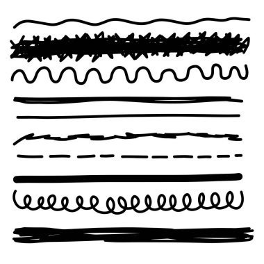 Çizgiler, el çizgileri, karalama çizgileri, farklı kalınlık fırça çizgileri. Karalama çizgilerinin vektör illüstrasyonu.