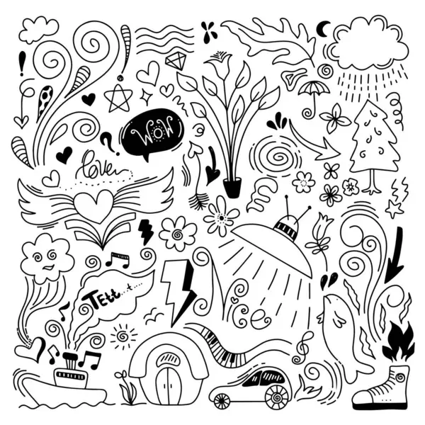 Karalama yapan çocuklar. Kalpleri, yıldızları, konuşma baloncuklarını, okları, yaprakları, beyaz arka planda izole edilmiş çiçekleri gibi çeşitli ikonlar..