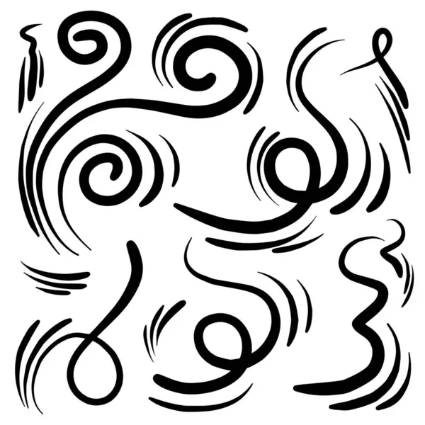Doodle rüzgar çizgisi çizimi hazır. El çizimi rüzgar hareketi, hava üfleme, girdap elementleri. Hava üfleme hareketleri, soyut çizgiler. İzole vektör illüstrasyonu.