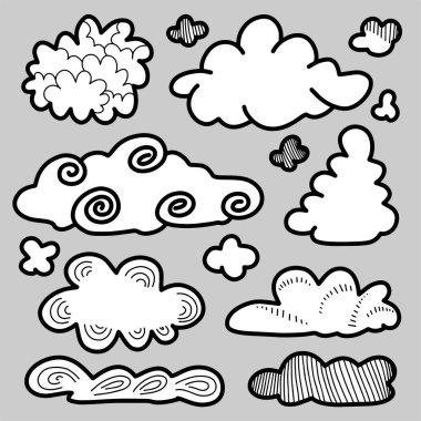 El Çizimi Bulutları Gri arkaplanda Ayarlandı.