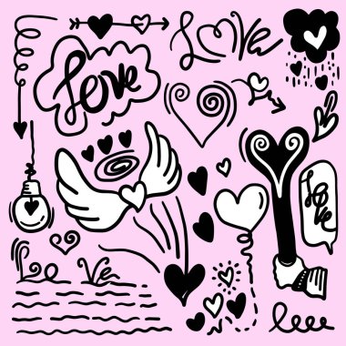 Beyaz arka planda izole edilmiş kalp şeklindeki karalama seti. vektör illüstrasyonu.