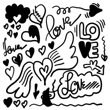 Beyaz arka planda izole edilmiş kalp şeklindeki karalama seti. vektör illüstrasyonu.