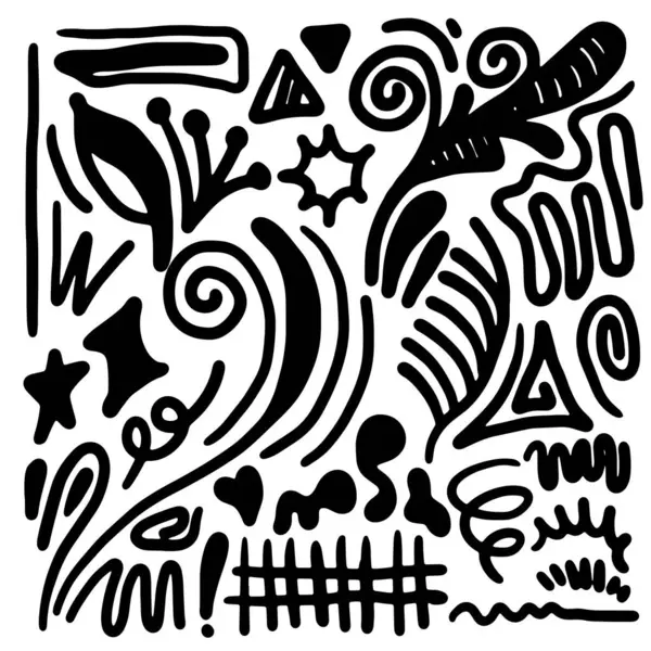 El çizimi karalama tasarımı elementleri. Girdap, kalp, yapraklar, yıldız, ağaç ve diğerleri..