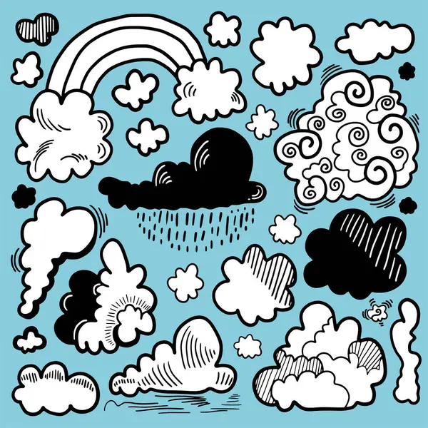 Güneş, Bulutlar, Yağmur, Gökkuşağı. Hava durumu koleksiyonunu elle çiz.