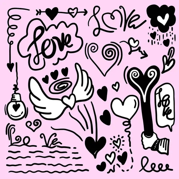 Beyaz arka planda izole edilmiş kalp şeklindeki karalama seti. vektör illüstrasyonu.