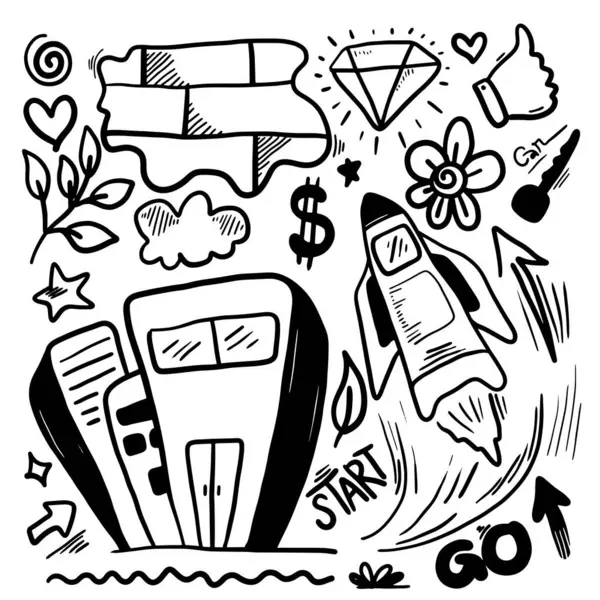 Bir dizi karalama. Elle çizilmiş çiçek, bina, elmas, roket ve karalama sembolleri.