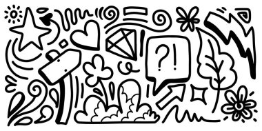 El çizimi işaret basit elementler ayarlandı. Kalem ve efektleri karala. Basit yıldırım, yıldız, simler, ikonlar, kalp, çiçek nesneleri. Dekoratif kalem eğimli semboller ve şekil.