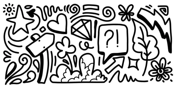 El çizimi işaret basit elementler ayarlandı. Kalem ve efektleri karala. Basit yıldırım, yıldız, simler, ikonlar, kalp, çiçek nesneleri. Dekoratif kalem eğimli semboller ve şekil.