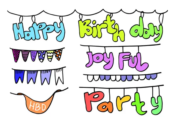 El çizimi karalama bayrağı ve süslü çelenk partisi, mutlu yıllar, beyaz arka planda izole edilmiş neşe dolu.