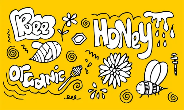 Bal takımı. Sarı arka planda elle çizilmiş arıcılık unsurları. Vektör illüstrasyonu.