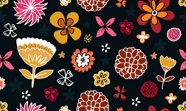 Kasımpatı, amber çiçekleri, çan çiçekleri, kiraz çiçekleri ve koyu arkaplanda çeşitli bitkilerle kusursuz bir el çizimi tropikal vektör deseni..