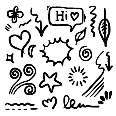 El çizimi Ok, kalp, aşk, yıldız, yaprak, güneş, ışık, çiçek, yıldız, çizgiler.