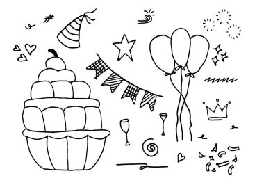 Karalama sanatı ya da el çizimi tarzında doğum günü partisi koleksiyonu