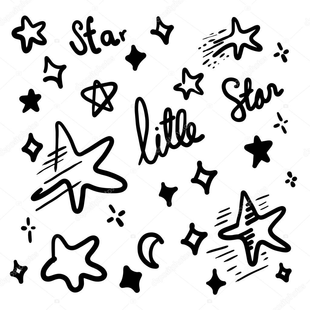 Star hand drawn set. Black vector star illustration drawn in doodle style on a white background.