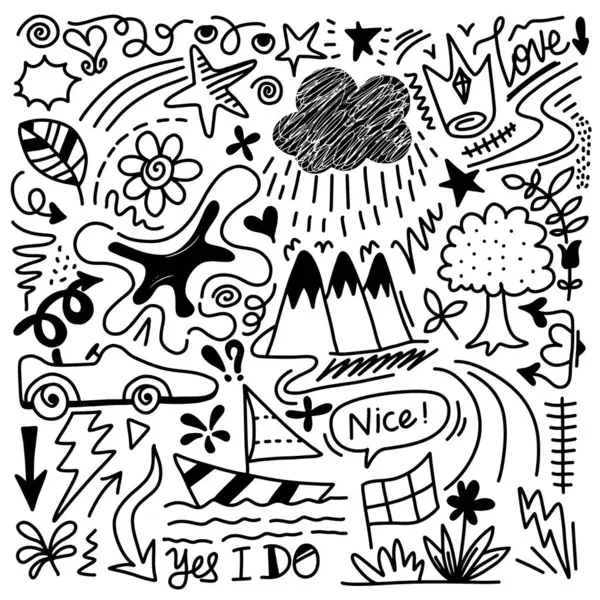 El çizimi işaret basit elementler ayarlandı. Kalem ve efektleri karala. Basit tepeler, yıldız, parıltı, bulut, kalp, çiçek nesneleri. Dekoratif kalem eğimli semboller ve şekil.